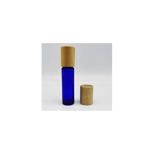 Skleněný roll-on s kovovou kuličkou a bambusovým víčkem, modrá, 10 ml